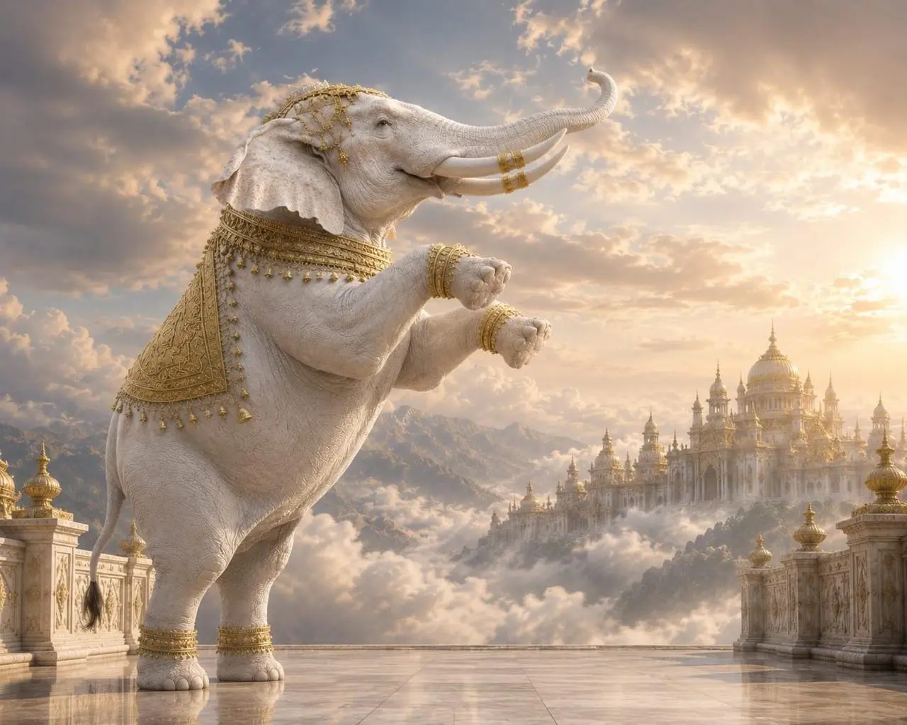 The client-provided Airavat white elephant with four tusks, raised trunk and golden ceremonial details