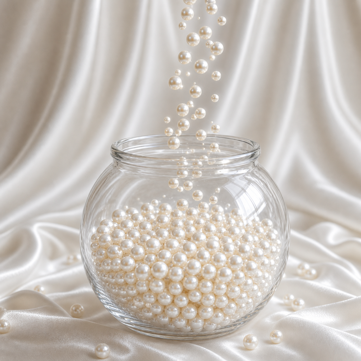 A clear glass bowl filled with luminous ivory pearls, with pearls falling softly against white satin