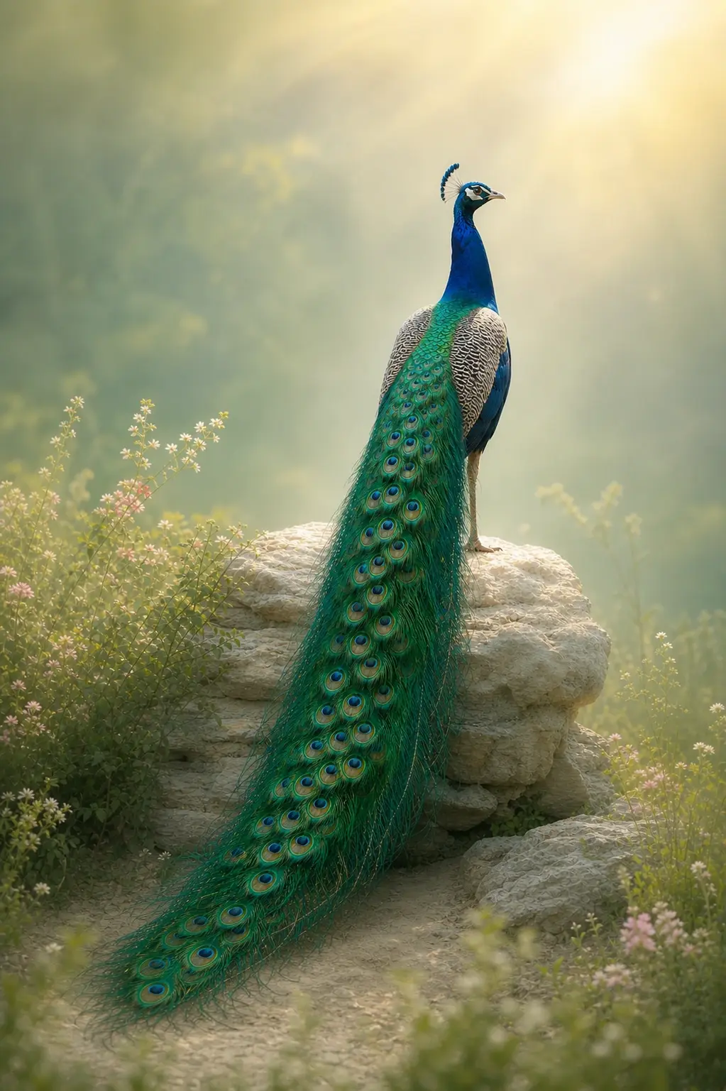 A dignified peacock with its head raised and its complete feather train flowing gracefully behind it
