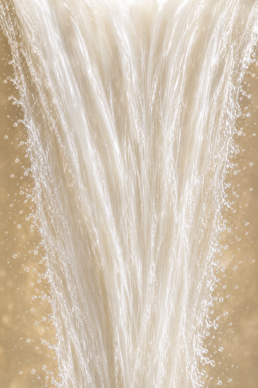 A luminous close-up cascade of silky white liquid with delicate droplets against a warm champagne-gold background